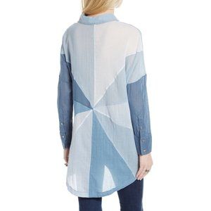 NWT - Free People Sheer Tie-Front Cotton Shirt Blue Combo, Size S